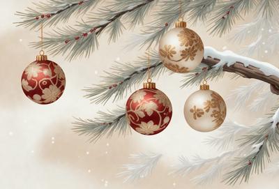 The primary subject of the image is a tree with ornaments hanging from its branches. The setting is a snowy environment, with snow covering the ground and surrounding the tree. The visual style is a painting or drawing, showcasing the ornaments and the tree's branches. The colors and mood of the image are predominantly white and cold, with the snow and the ornaments adding a touch of warmth and festivity.